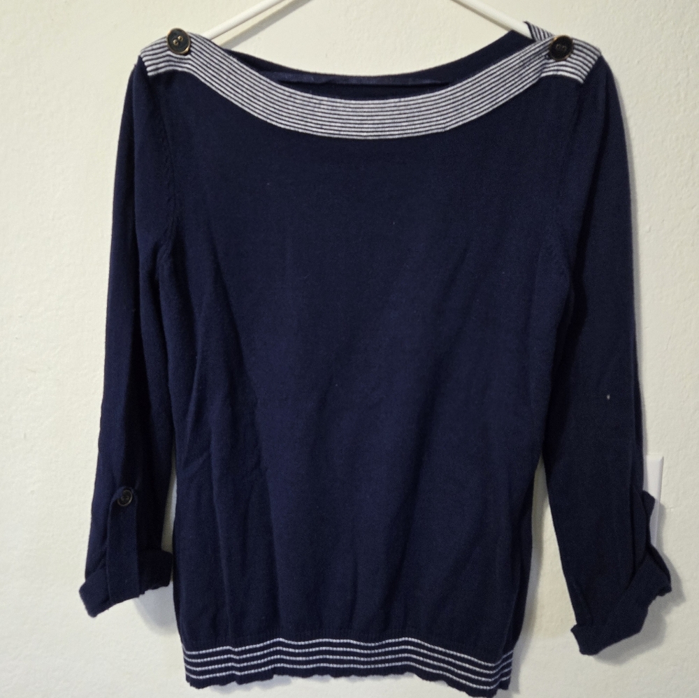 Cable & Gauge Navy & White Boat Neck Sweater Size M